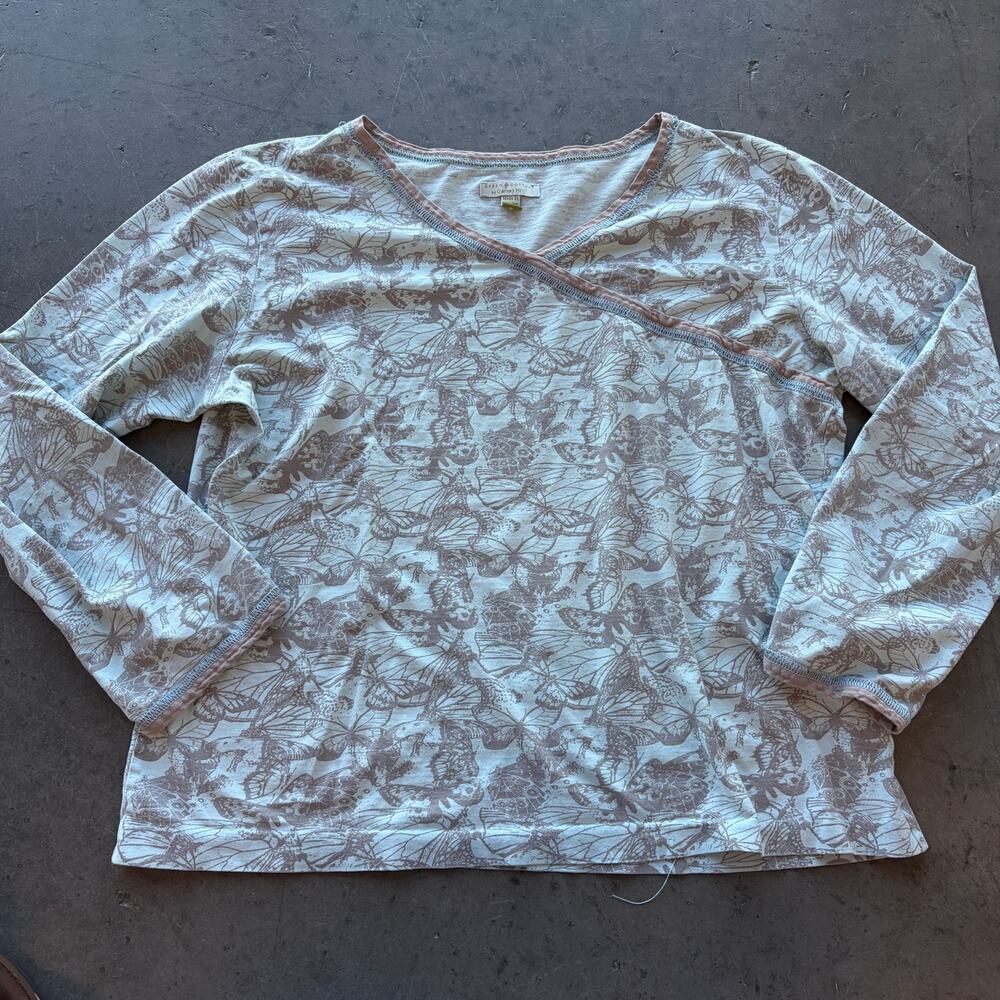 Vintage Y2k Baby Blue Beige Floral Butterfly 100% Cotton Longsleeve Medium